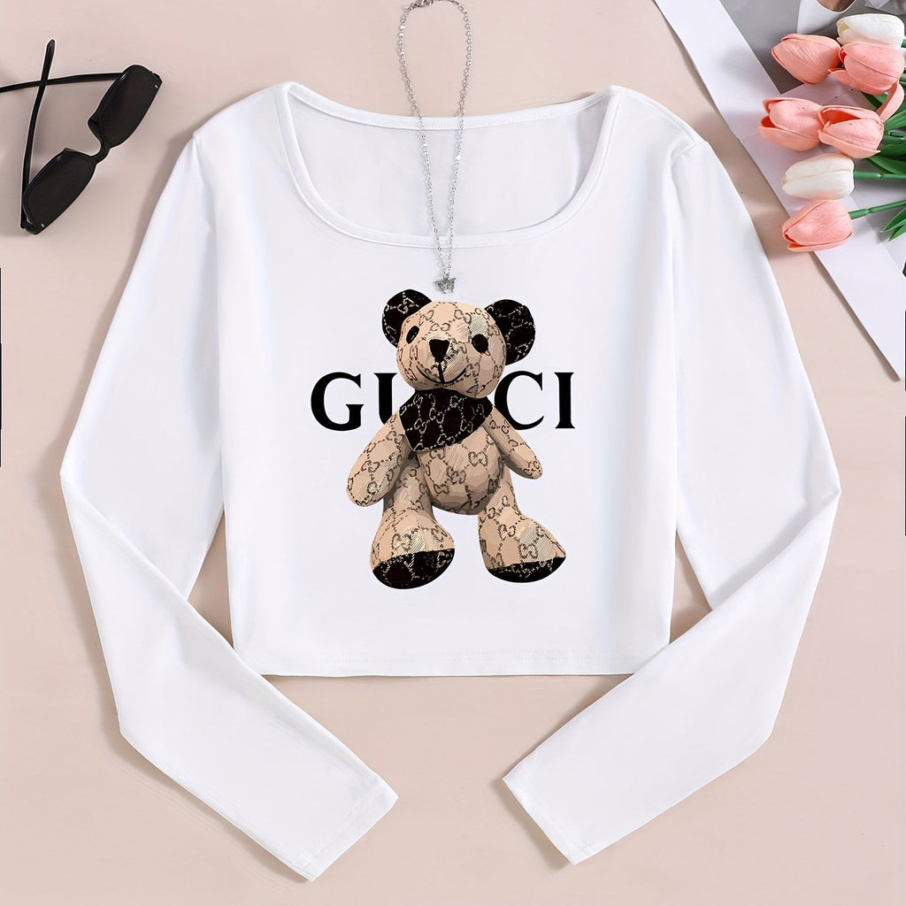 Women'S Short Sleeve T-Shirt with Cute Cartoon Bear Pattern, Casual Polyester Knit Fabric, Spring/Fall Fashion Top with Round Neckline