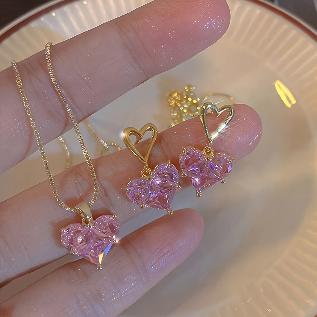 3pcs Y2K Heart Rhinestone Earrings And Necklace Set, Cute Style, Women's Daily Mix & Match, Date, Vacation & Party Gift Jewelry Set