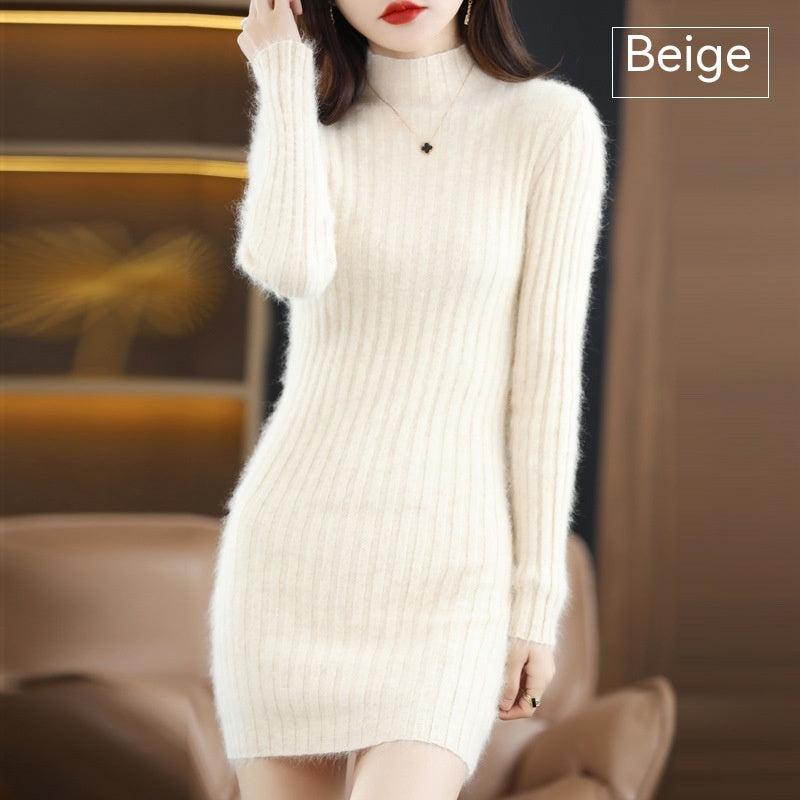 Maglione donna in ciniglia e cashmere autunno-inverno, a collo half-turtleneck slim fit, colore neutro, marca Valstrend.