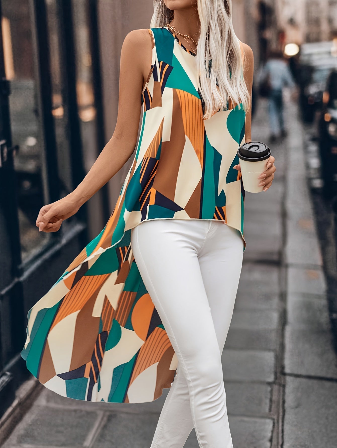 Top senza maniche color block Valstrend, maglietta casual a girocollo alta-bassa per donna, primavera e estate.