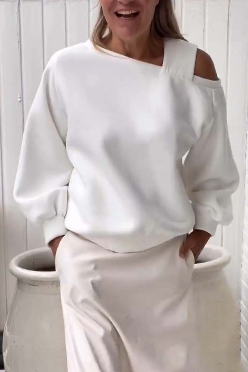Maglione casual a maniche lunghe con spalle scoperte e fodera in pile, marchio Valstrend, per relax e comfort.
