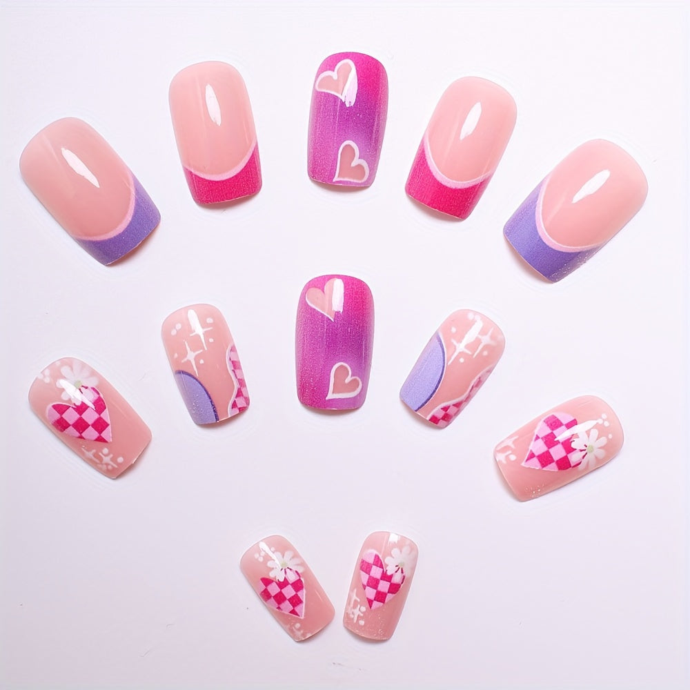 Set di 24 smalti finti rosa lucidi con design a cuore e fiori, forma quadrata lunga, per donne e ragazze, marca Valstrend shop.