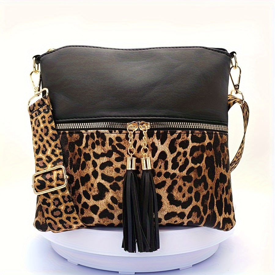 Leopard Print Tassel Slim Crossbody Pouches, PU Material, With Adjustable Strap, Stylish Women's Fashion Handbags
