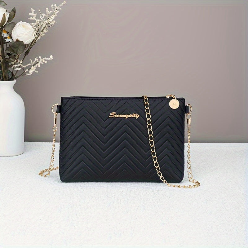 Chic Striped Women's Clutch with Chain Strap - Versatile Crossbody Bag, Faux Leather, Zip Closure - Available in Black/White