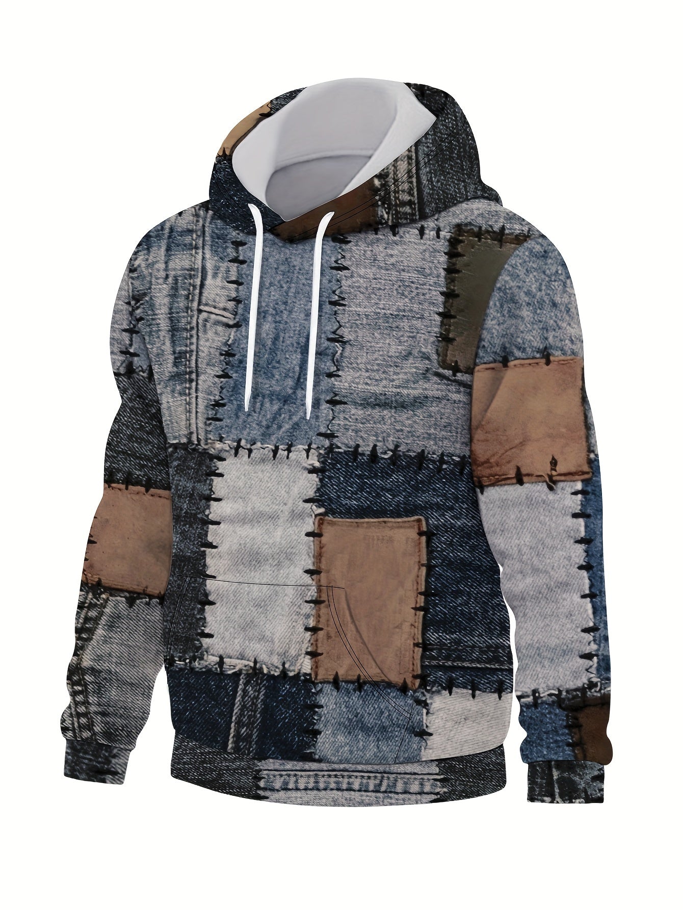 Felpa casual da uomo Valstrend con patchwork geometrico, stampa moderna e tasca a marsupio, pullover morbido e comodo.