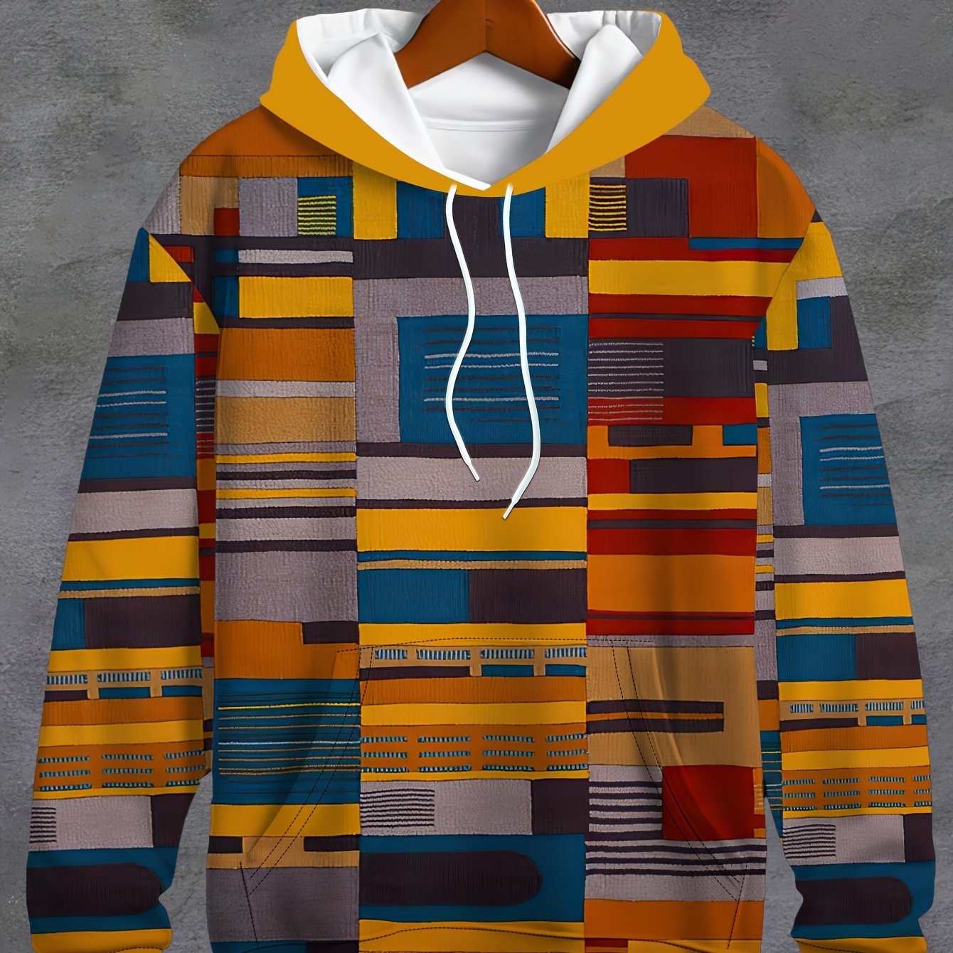 Felpa con cappuccio Valstrend uomo, maglia oversize con motivo geometrico a blocchi di colori e tasca kangaroo, per primavera/autunno.