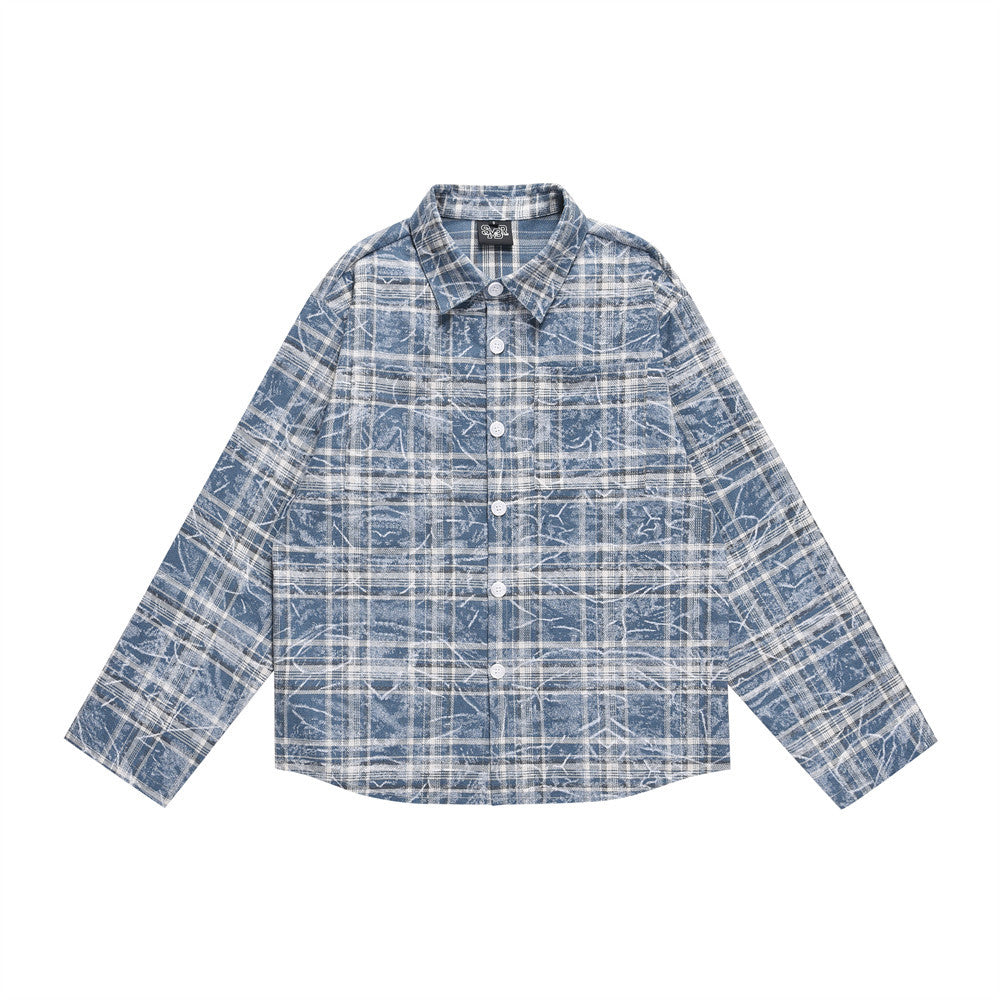 Washed Tie-dyed Distressed Plaid Shirt Spring And Autumn Side Pocket Casual