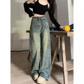 Pantaloni donna a zampa larga in denim vintage, lavato e usato, vestibilità ampia e comoda, marca Valstrend shop.
