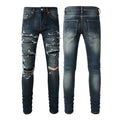 Jeans blu strappati di alta qualità Valstrend, stile europeo e americano, con patchwork in pelle e dettagli consumati.