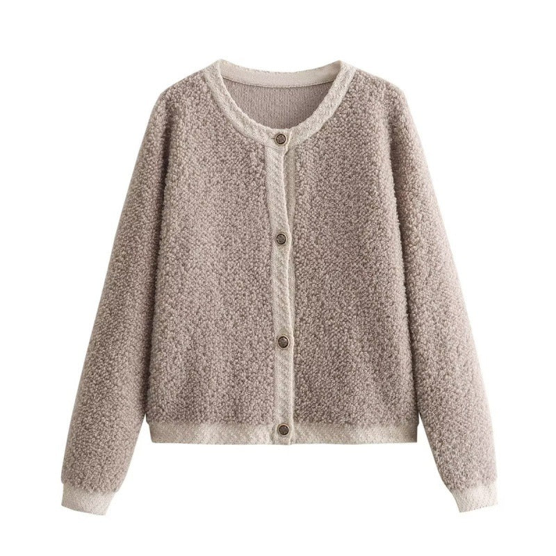 Cardigan donna Valstrend con bottoni decorativi, maglia in tessuto Terry, collo rotondo e stile caldo e comodo.