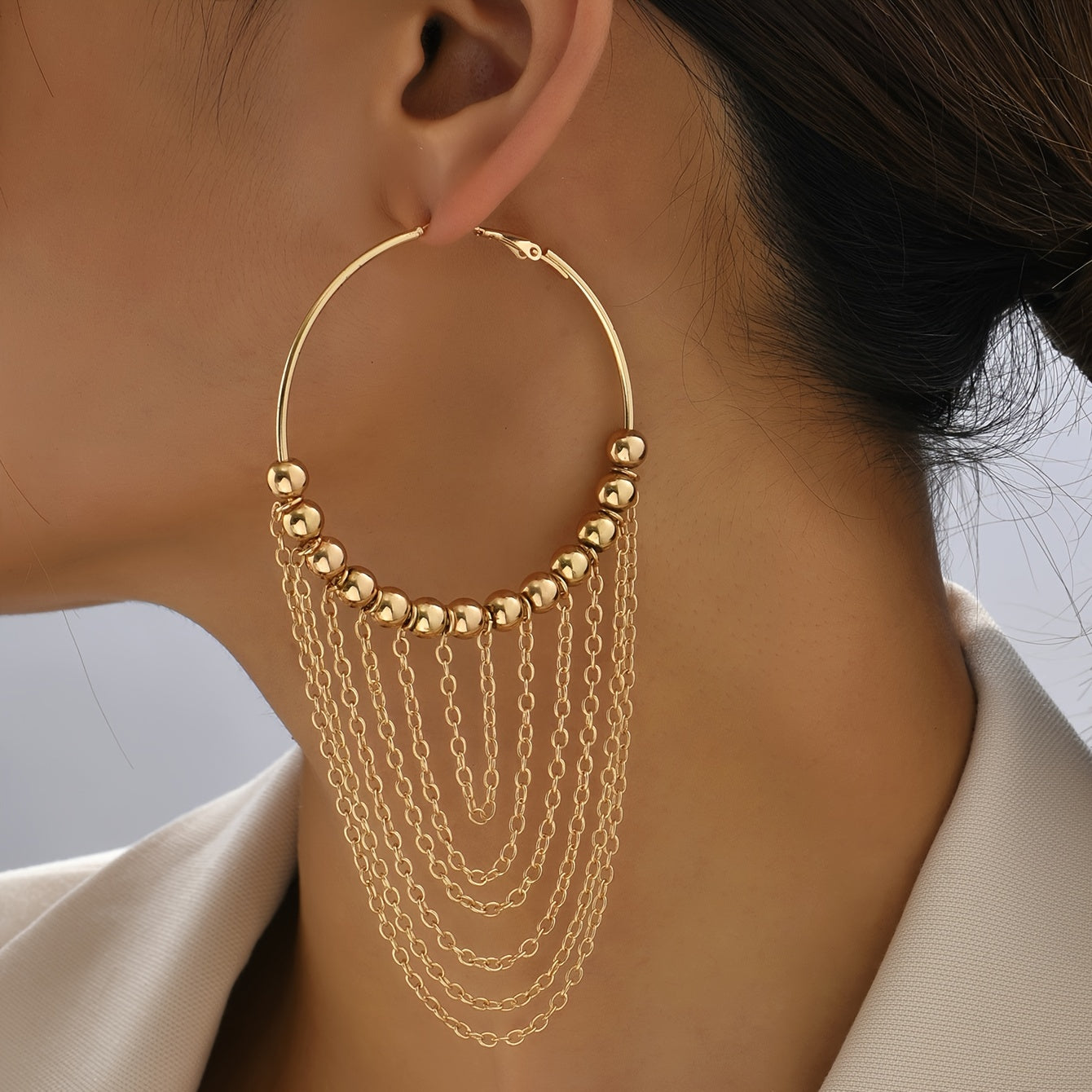 Orecchini a cerchio pendenti Golden Circle Tassel in oro 18 carati placcato, ornamenti eleganti e alla moda di Valstrend.