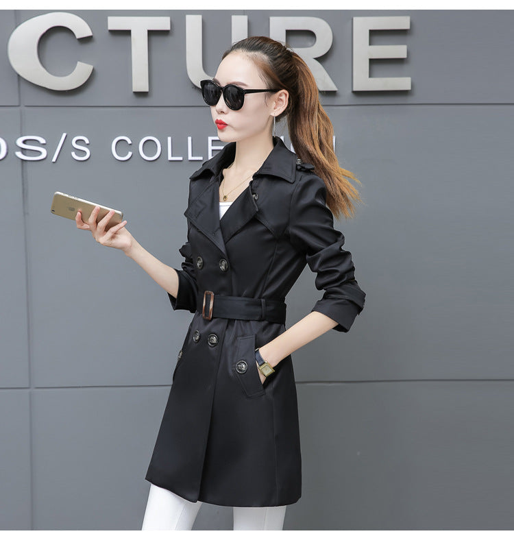 Cappotto trench slim donna, taglia plus, a metà lunghezza, in tessuto leggero, colore blu, modello elegante e moderno