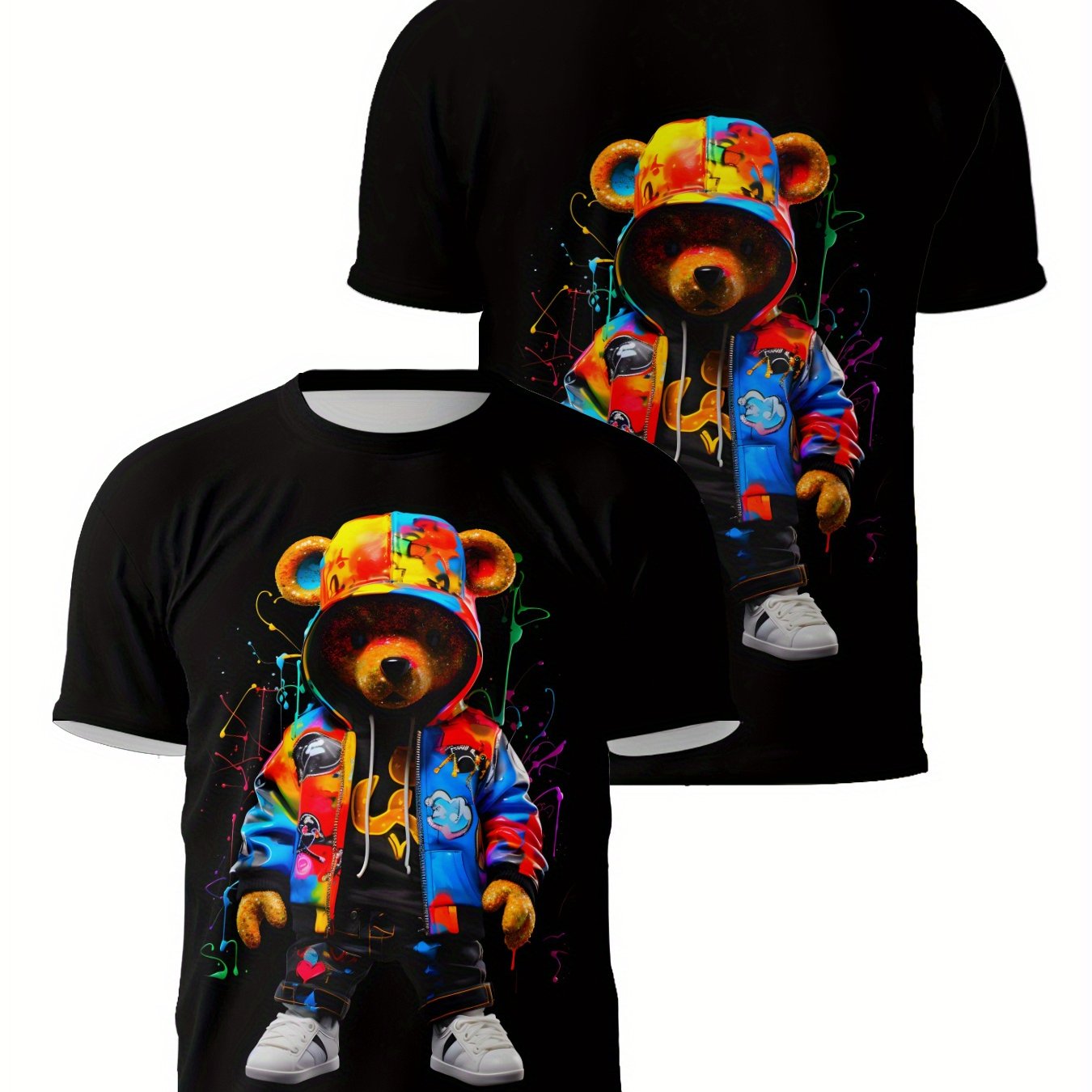 [Customer Favorite] Men's 3D Printed Bear Graphic Tee - Breathable, Stretchy Polyester Blend for Summer Casual Wear & Sports