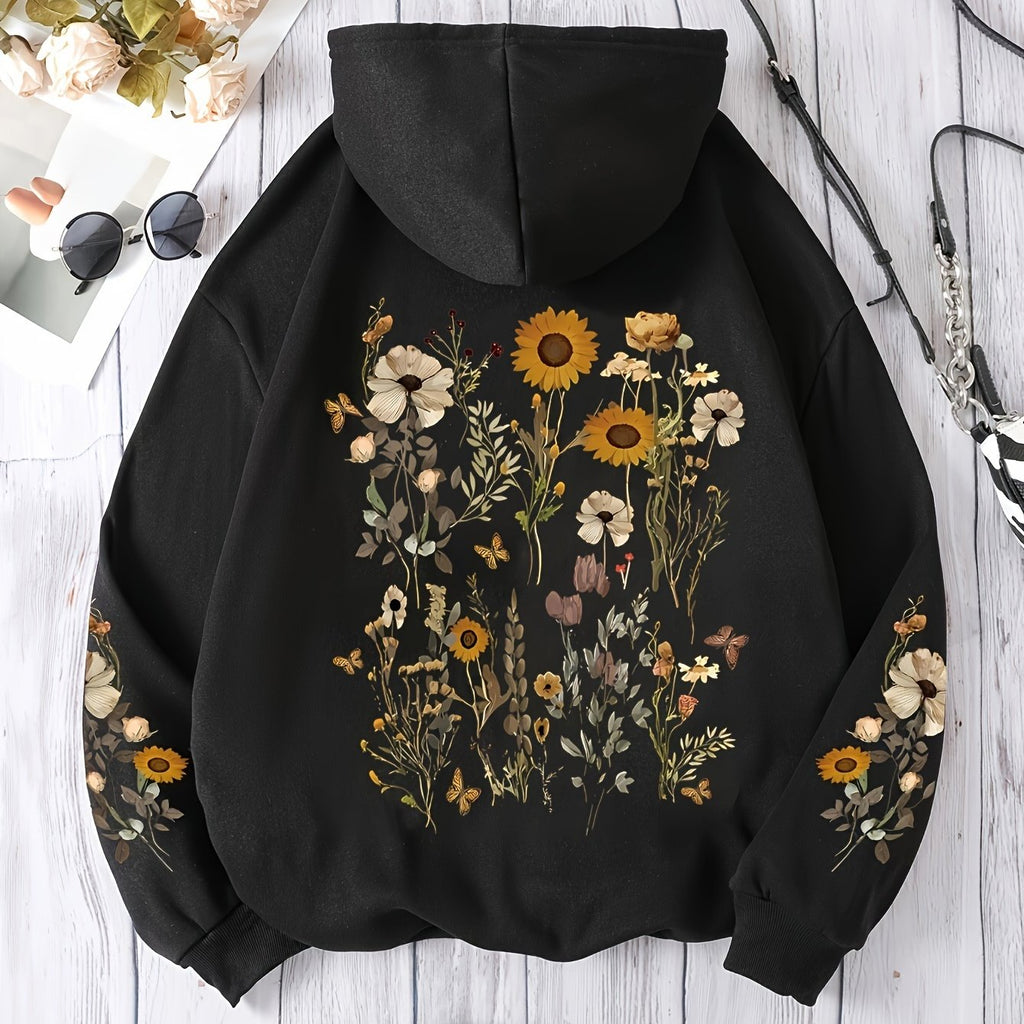 Women's Floral Print Drawstring Hoodie - Casual Polyester Pullover with Kangaroo Pocket, Long Sleeve, Machine Washable, All-Season Comfort Fit Sweatshirt