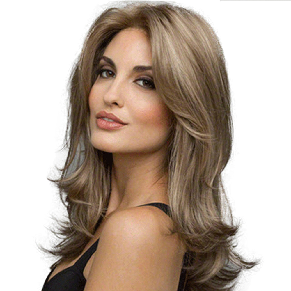 Parrucca sintetica da donna di lunghezza media con capelli ricci, stile moda, marca Valstrend shop, visibile in dettaglio