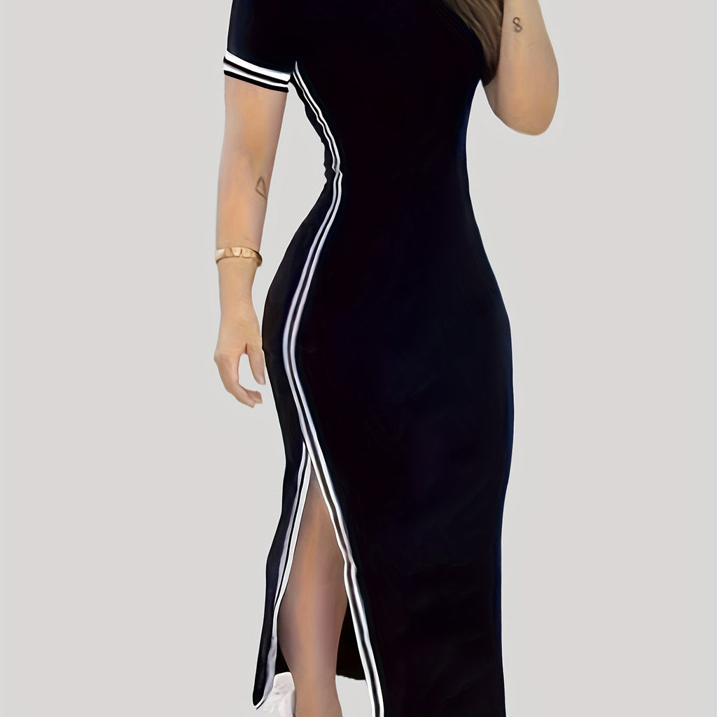 Contrast Trim Split Hem Bodycon Dress, Short Sleeve Crew Neck Casual Dress, Women's Clothing For Party Dressing