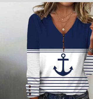 Blusa oversize Valstrend con stampa farfalla 3D, maniche lunghe, scollatura a V e stile casual elegante.