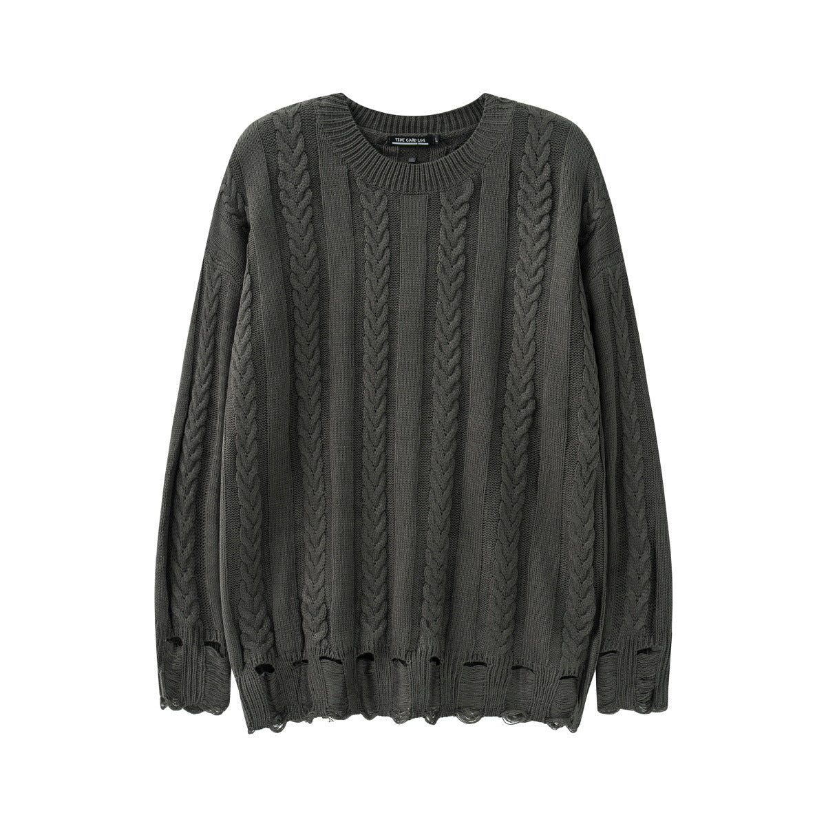 Maglione rotondo Valstrend shop in stile retrò con tessitura twist, jeans strappati e dettagliacci tattered, stile casual e trendy