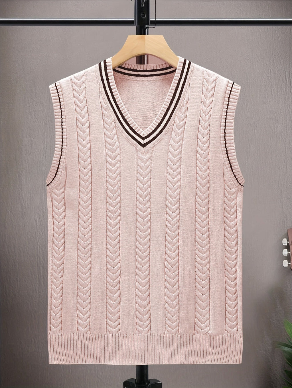 Maglione smanicato da uomo Valstrend, maglia a blocchi di colori e righe, collo a V, tessuto elasticizzato per primavera e autunno