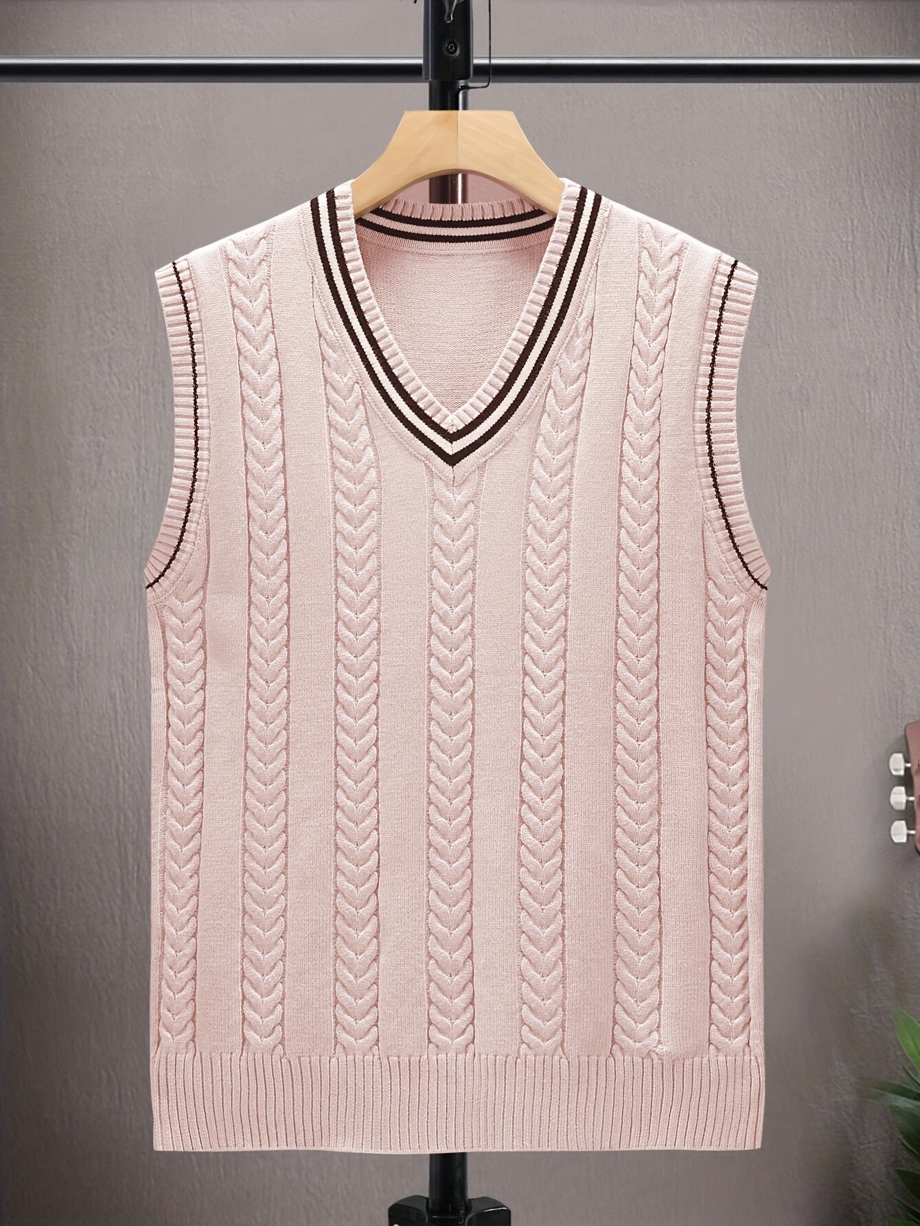 Maglione smanicato da uomo Valstrend, maglia a blocchi di colori e righe, collo a V, tessuto elasticizzato per primavera e autunno