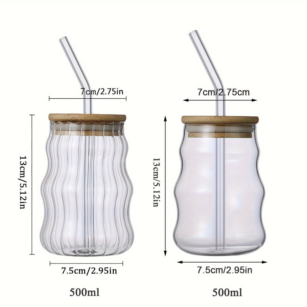 Borraccia in vetro a righe con tappo in bambù da 500ml, bottiglia riutilizzabile, BPA free, isolata, a tenuta e multifunzione.