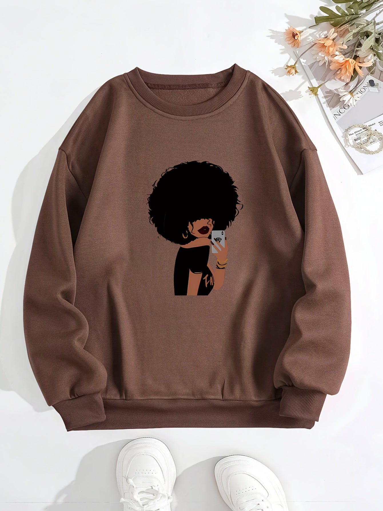 Maglia sportiva da donna Valstrend, felpata e stampata, collo rotondo, ideale per autunno e inverno, abbigliamento casual femminile