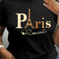 T-shirt grafico con Torre Eiffel per donna, manica corta, collo rotondo, tessuto elasticizzato in poliestere, lavabile in lavatrice.