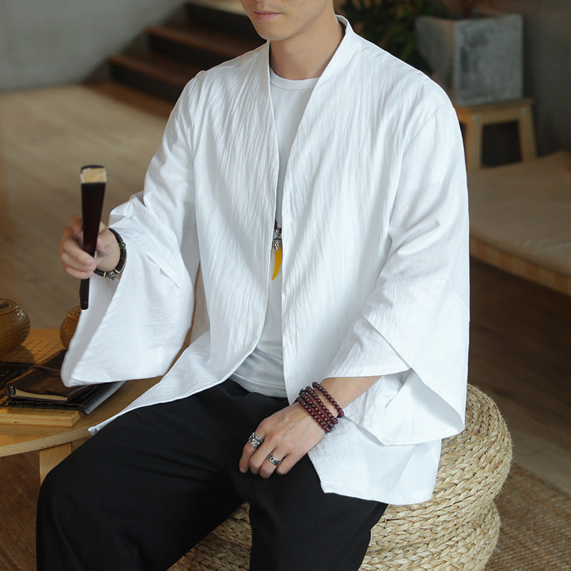 Cardigan estivo in cotone lino color solid, stile cinese, leggero e sottile, marca Valstrend, indossato come giacca leggera.