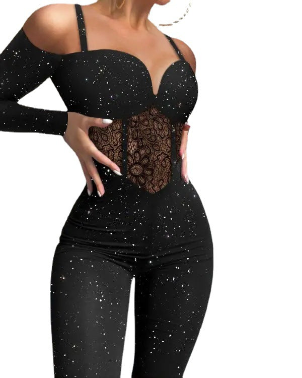 Tuta donna Valstrend Flash Highlight con spalline regolabili e pantaloni a sigaretta, tessuto nero elegante e moderno.