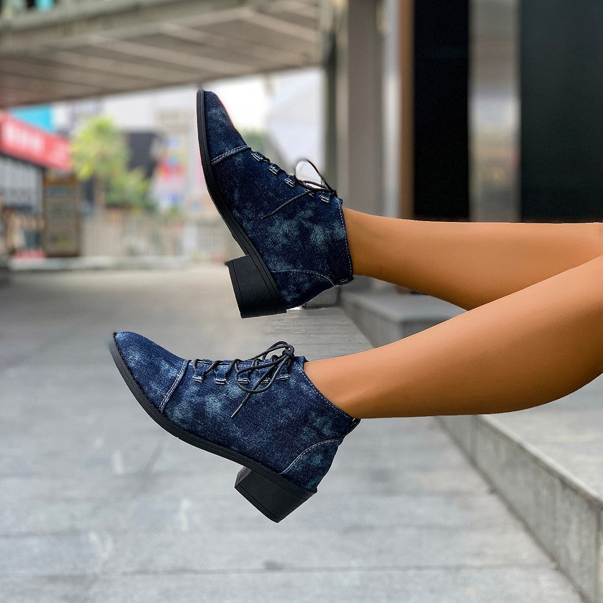 Outer Wear Pointed Toe Square Heel Denim Design Martin Boots