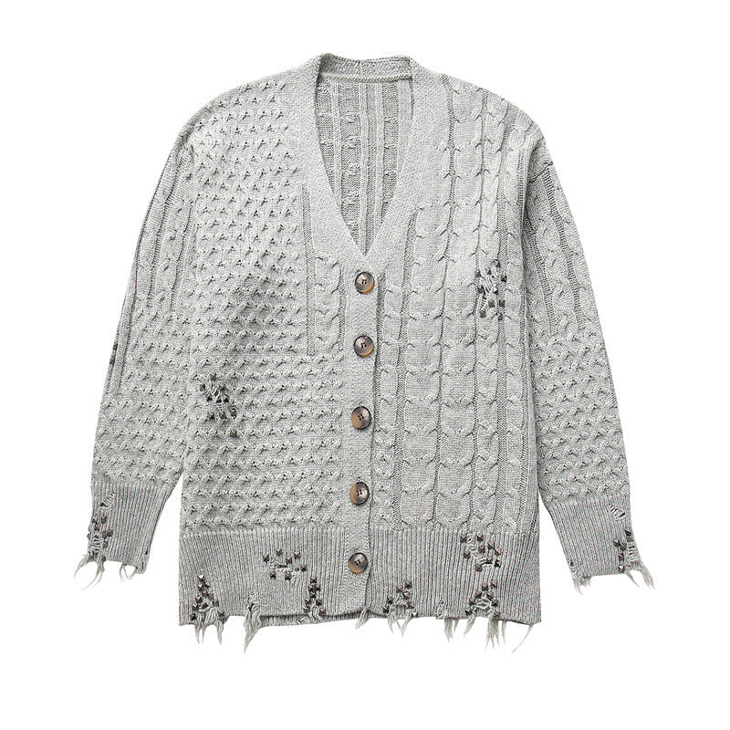 Cappotto invernale per donna Valstrend, lavorato a maglia con decorazioni con borchie, stile autunnale, vestibilità morbida.
