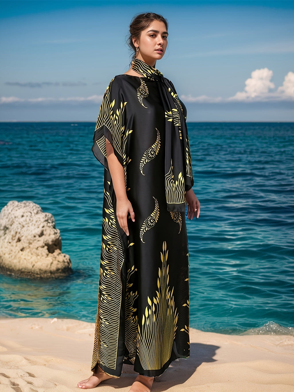 Vestito lungo estivo Valstrend con stampa tribale, maniche a pipistrello, scollo a barca e foulard, abbigliamento femminile.