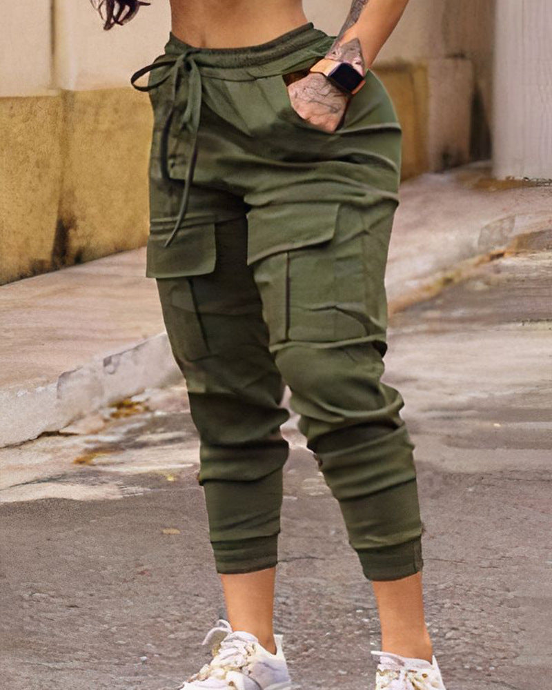 Slim Fit Drawstring Waist Covered Pocket Overalls