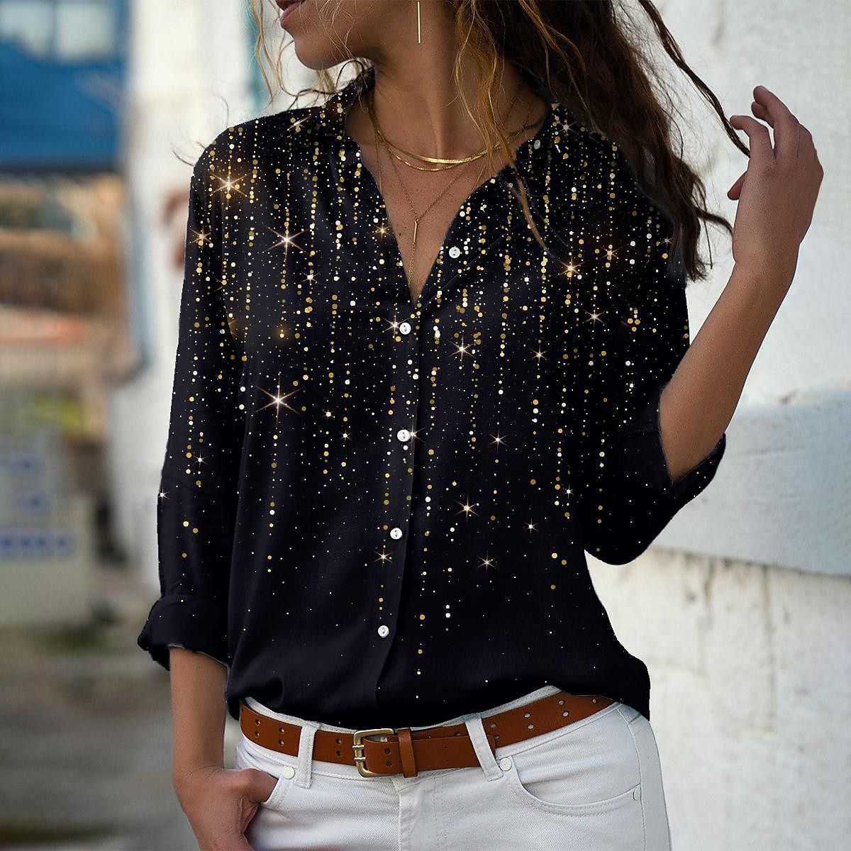 Top casual donna Valstrend con paillettes 3D a gradiente, stampa ampia e stile rilassato, tessuto morbido e confortevole.