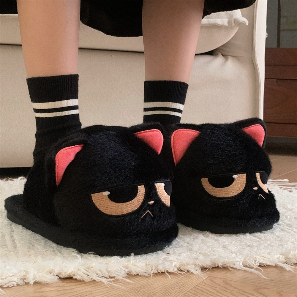 Scarpe da casa antiscivolo per bambini con gatto nero peloso, calde e morbide, marca Valstrend, con dettagli di pelliccia soffice