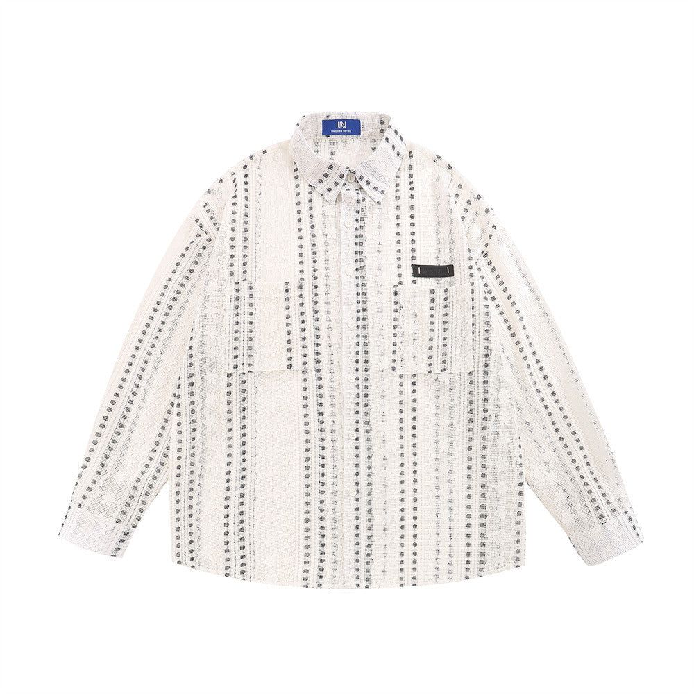 Camicia lunga a maniche lunghe con pizzo traforato, pois e righe jacquard, vestibilità ampia, marca Valstrend shop