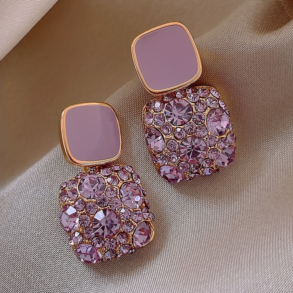 Square Shape Full Shiny Rhinestone Decor Dangle Earrings Luxury Elegant Style Alloy Jewelry Banquet Party Ear Ornaments