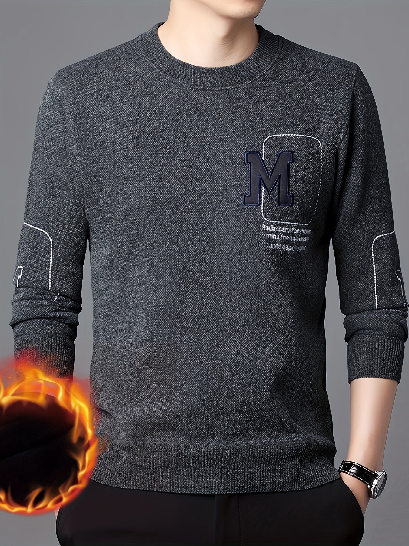 Maglione invernale da uomo Valstrend, girocollo, maniche lunghe, motivo lettera M, tessuto felpato, stile casual, senza cintura