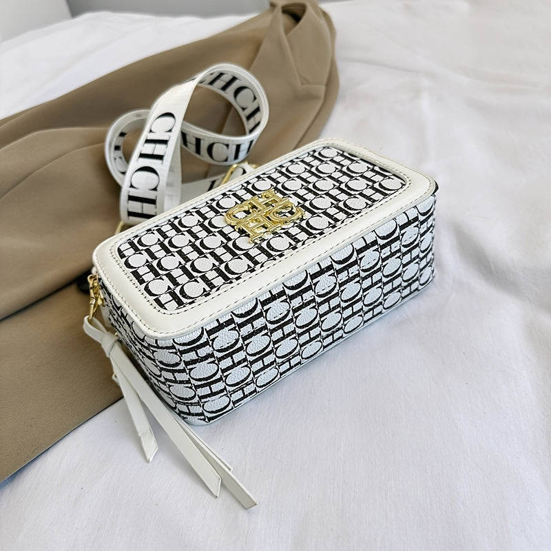 Borsa a tracolla Valstrend con blocchi di colore, stampa a lettere, tracolla larga e forma quadrata, ideale per ogni occasione quotidiana.