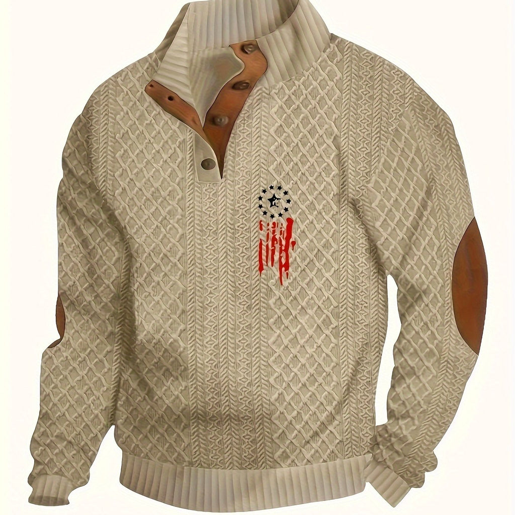 Felpa casual da uomo Valstrend con interno in pile, motivo a stelle, colletto alla coreana e bottoni, adatta a autunno e inverno