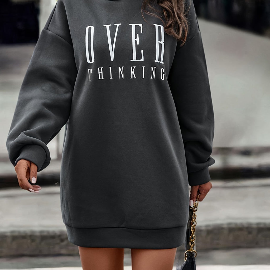 Elegant Letter Print Hooded Dress - Casual Long Sleeve, Stretchy Polyester Blend, Machine Washable - Perfect for All Seasons