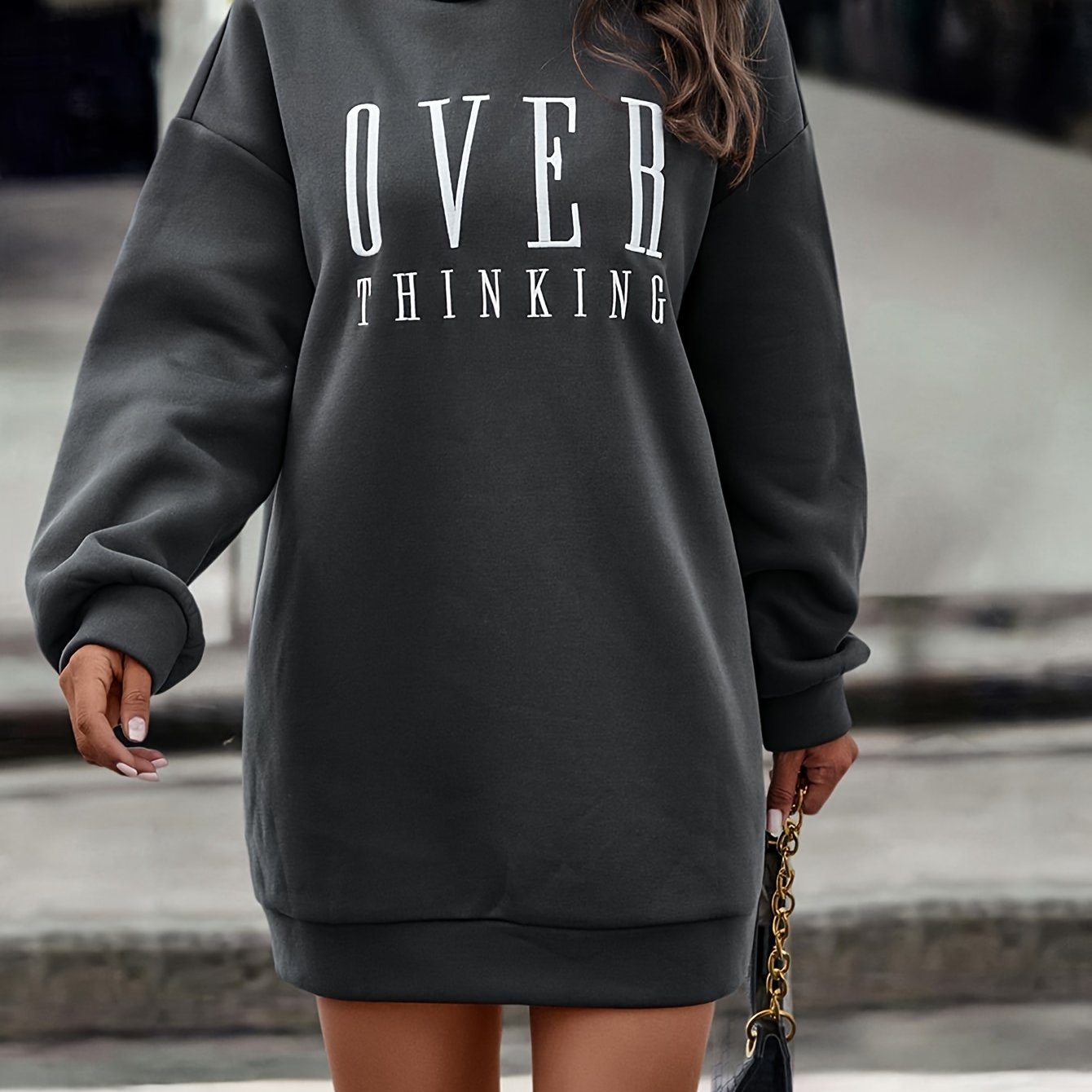Elegant Letter Print Hooded Dress - Casual Long Sleeve, Stretchy Polyester Blend, Machine Washable - Perfect for All Seasons