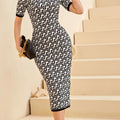Geo Print Contrast Trim Bodycon Dress, Elegant Short Sleeve Crew Neck Dress, Women's Clothing