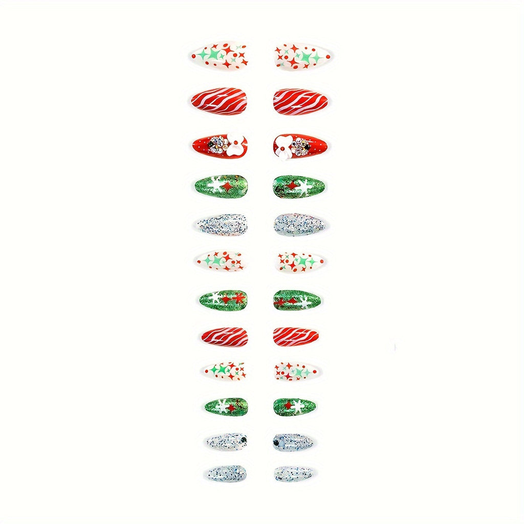 24pcs Christmas Almond Press-On Nails Set - Medium Length, Red & Green Snowflake Design with Rhinestones, Glossy Finish, Perfect Fit for Women - Ideal Holiday Manicure Gift