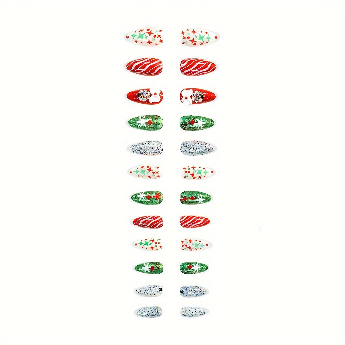 24pcs Christmas Almond Press-On Nails Set - Medium Length, Red & Green Snowflake Design with Rhinestones, Glossy Finish, Perfect Fit for Women - Ideal Holiday Manicure Gift