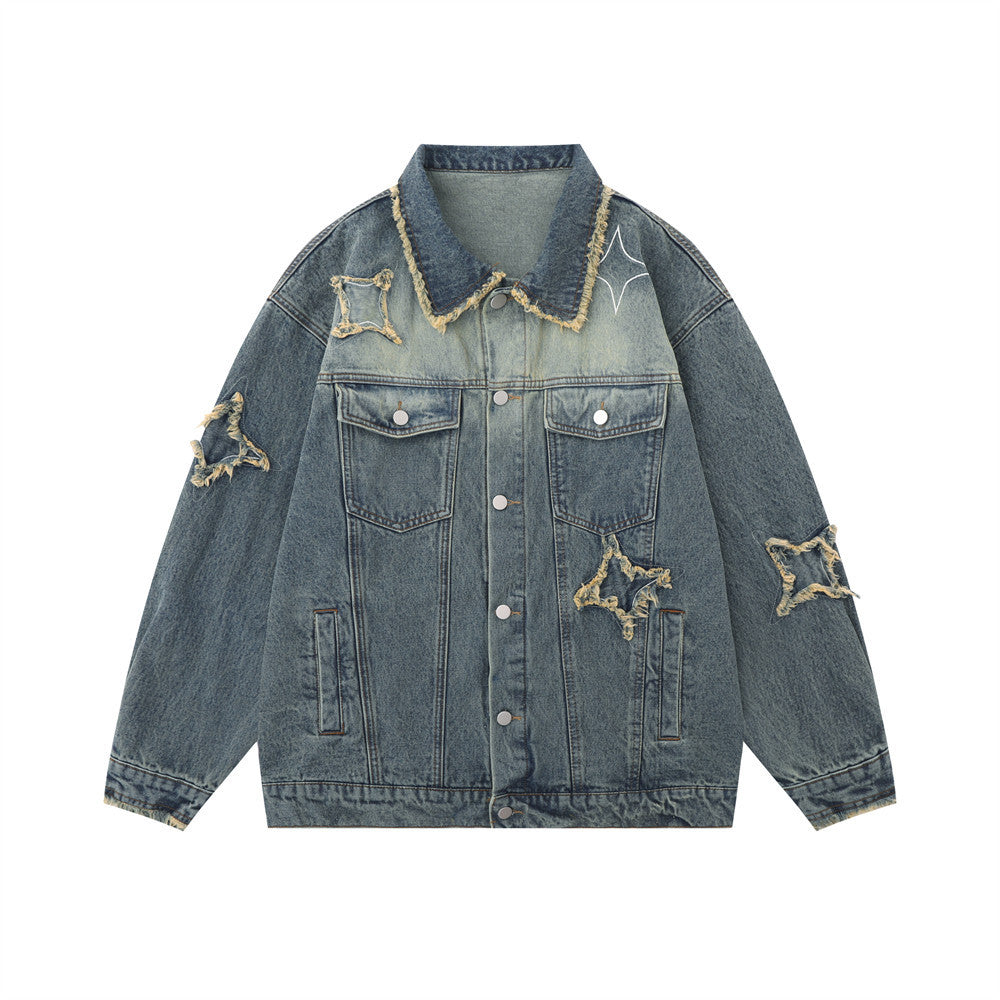 Giacca da uomo in denim Valstrend con patch a stella a cinque punte, stile distressed e design moderno, ideale per look casual.