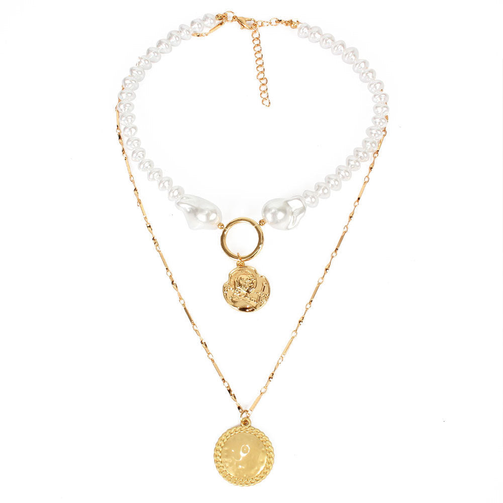 Collana multi-strato Valstrend con perle, forma di moneta regina dorata, con ciondini a perline per donna