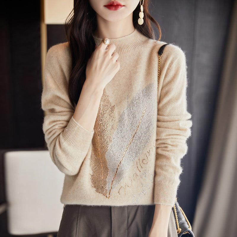 Maglione da donna a collo alto con paillettes, maglia valstrend, morbida e aderente, ideale come indumento interno elegante.