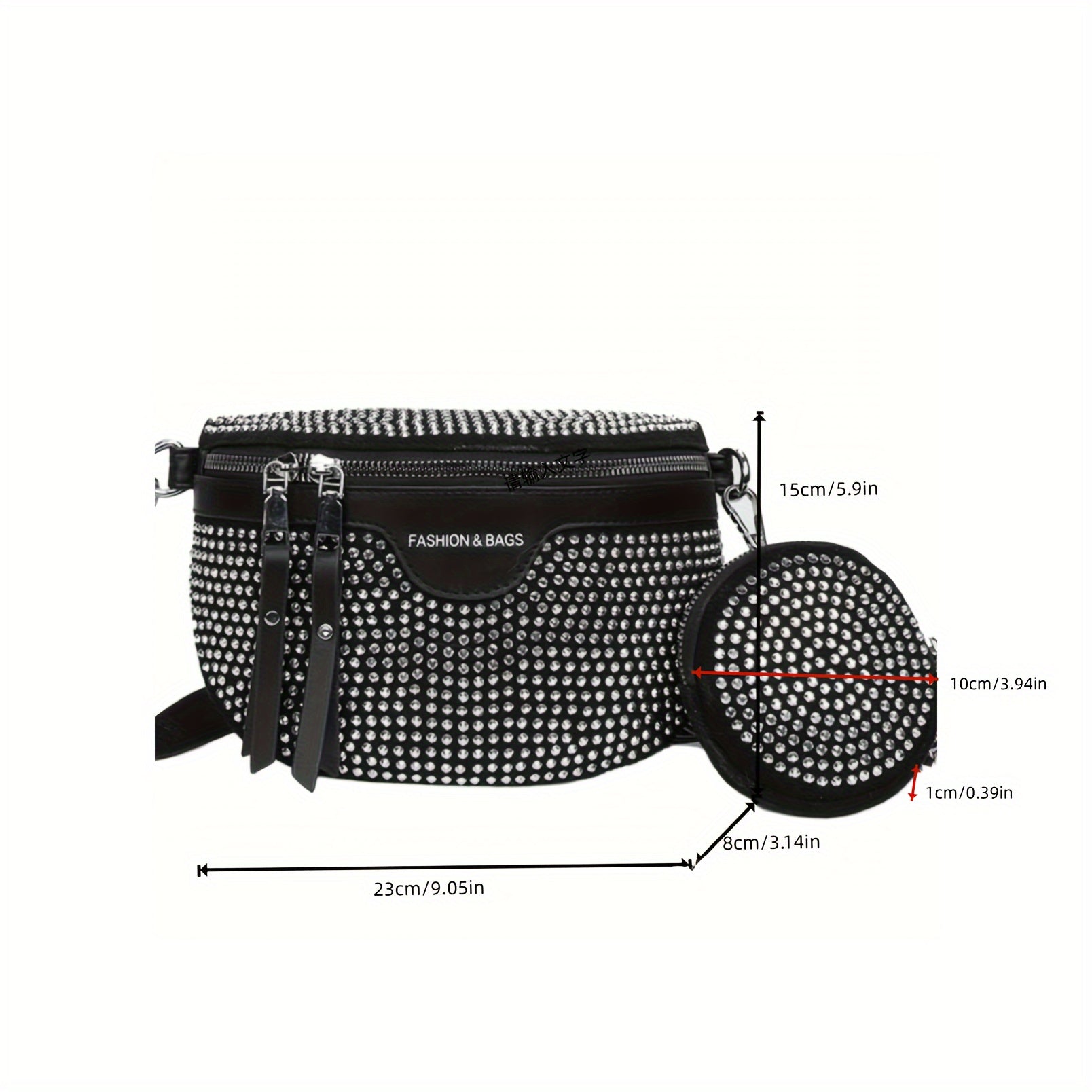 Chic Punk-Style Rhinestone Fanny Pack with Crossbody Strap & Round Coin Purse - Adjustable Belt, Streetwear Inspired, Black Faux Leather