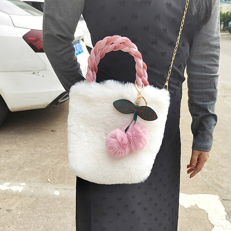 Chic Rabbit Faux Fur Handbag with Cherry Accents, Trendy Cute Shoulder Bag, Solid Color, Polyester Lining, Buckle Closure, Non-Washable - Black, White, Blue, Grey